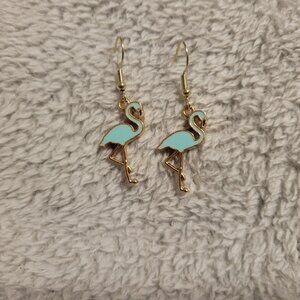 Flamingos Blue Womens Earrings One Pair Gold Tone Hanging Dangle E28E